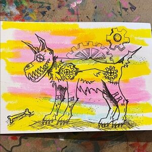 Vibrant Yellow and Pink Mechanical Dog Art Print